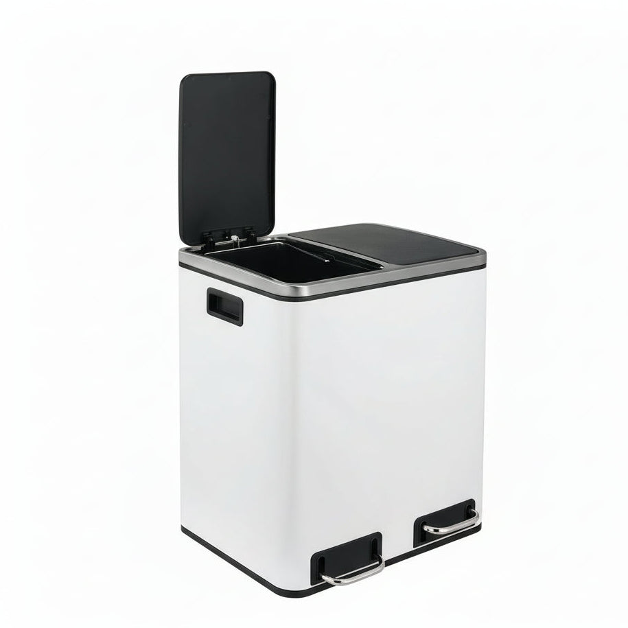Kitchen Trash Can 2x15L Stainless Steel Dual Compartment Garbage Can, Pedal Recycling Bin, Stay-Open Lid and Soft Closure White -2x15L(8Gal) / GERMANY