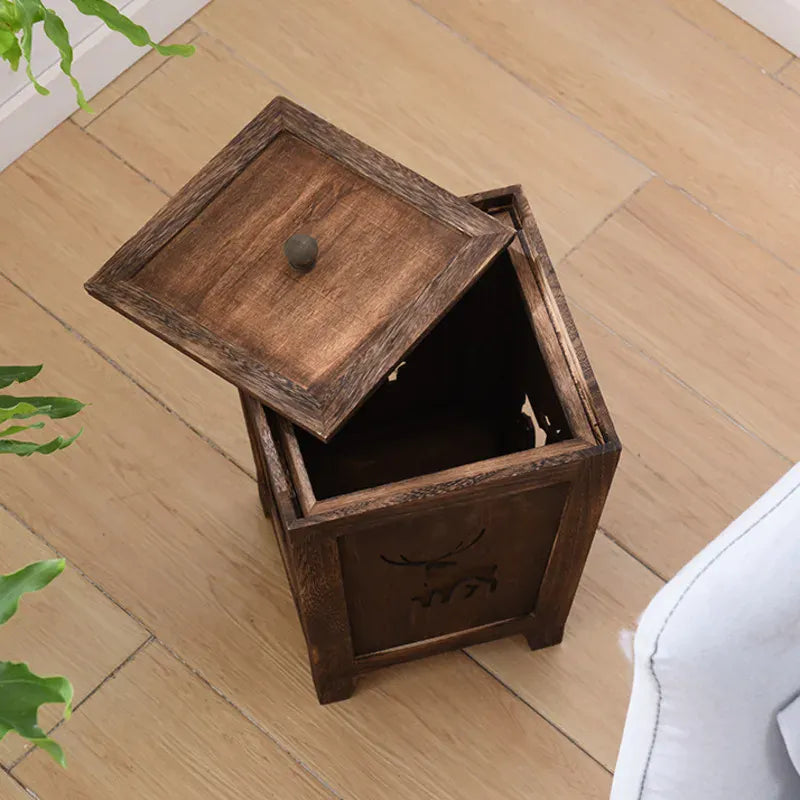 Solid Wood Trash Can with Lid HollowOut Rubbish Bin Retro Design for Room Kitchen Storage Elegant Home Waste Bin Organizer Recycle Bin 02
