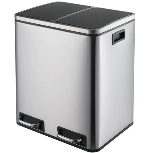 Kitchen Trash Can 2x15L Stainless Steel Dual Compartment Garbage Can, Pedal Recycling Bin, Stay-Open Lid and Soft Closure