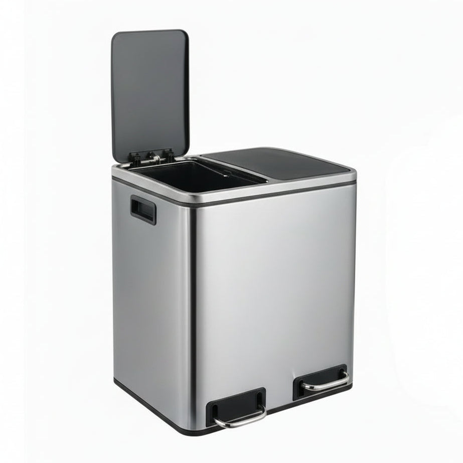 Kitchen Trash Can 2x15L Stainless Steel Dual Compartment Garbage Can, Pedal Recycling Bin, Stay-Open Lid and Soft Closure Silver -2x15L(8Gal) / GERMANY
