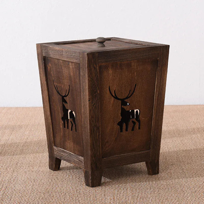 Solid Wood Trash Can with Lid HollowOut Rubbish Bin Retro Design for Room   Kitchen Storage Elegant Home Waste Bin Organizer Recycle Bin 02
