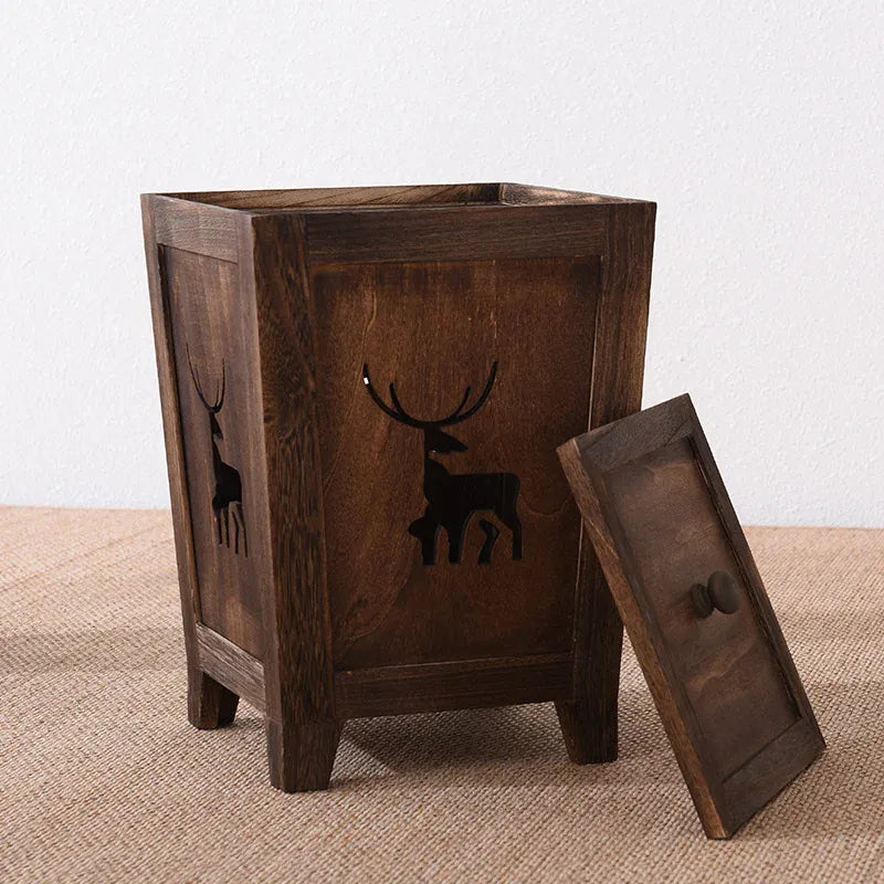 Solid Wood Trash Can with Lid HollowOut Rubbish Bin Retro Design for Room   Kitchen Storage Elegant Home Waste Bin Organizer Recycle Bin 02